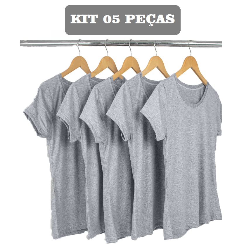 Camisetas Baby Look Cinza Básica 05 Peças