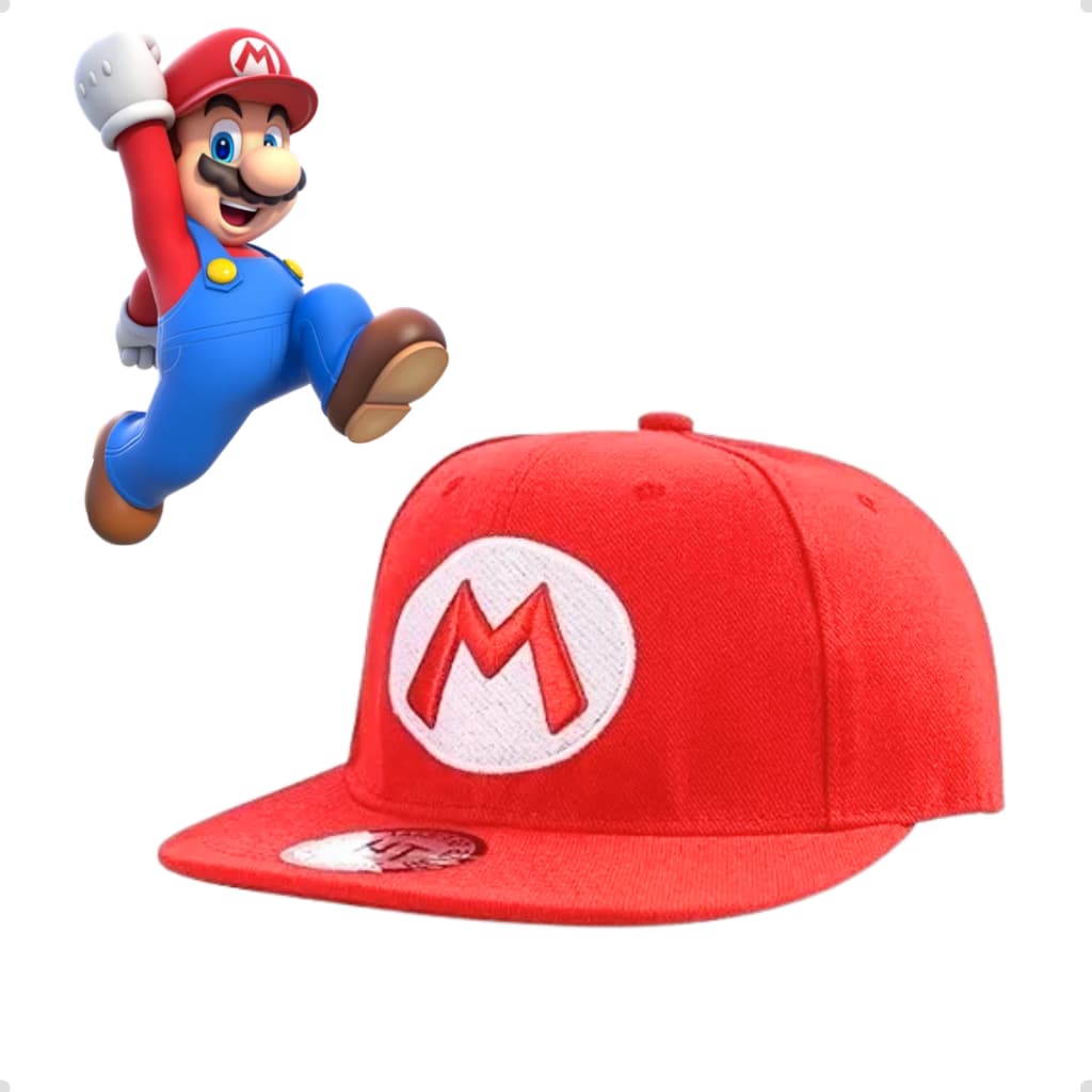 Boné Super Mario Bros Bordado Ajustavel Infantil Vermelho Aba Reta