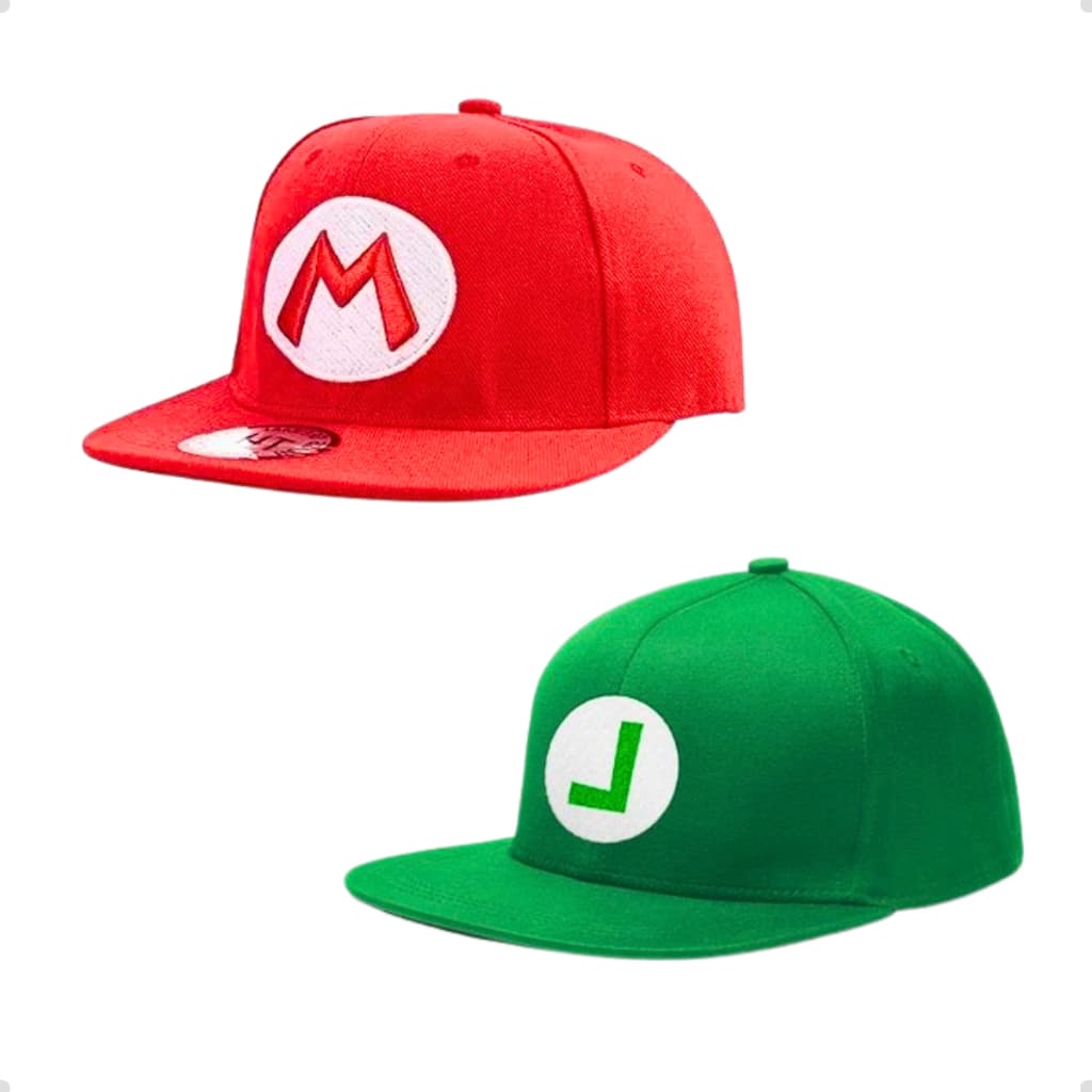 2 Boné Estampado Bordado Super Mario Bros Luigi Infantil Ajustavel