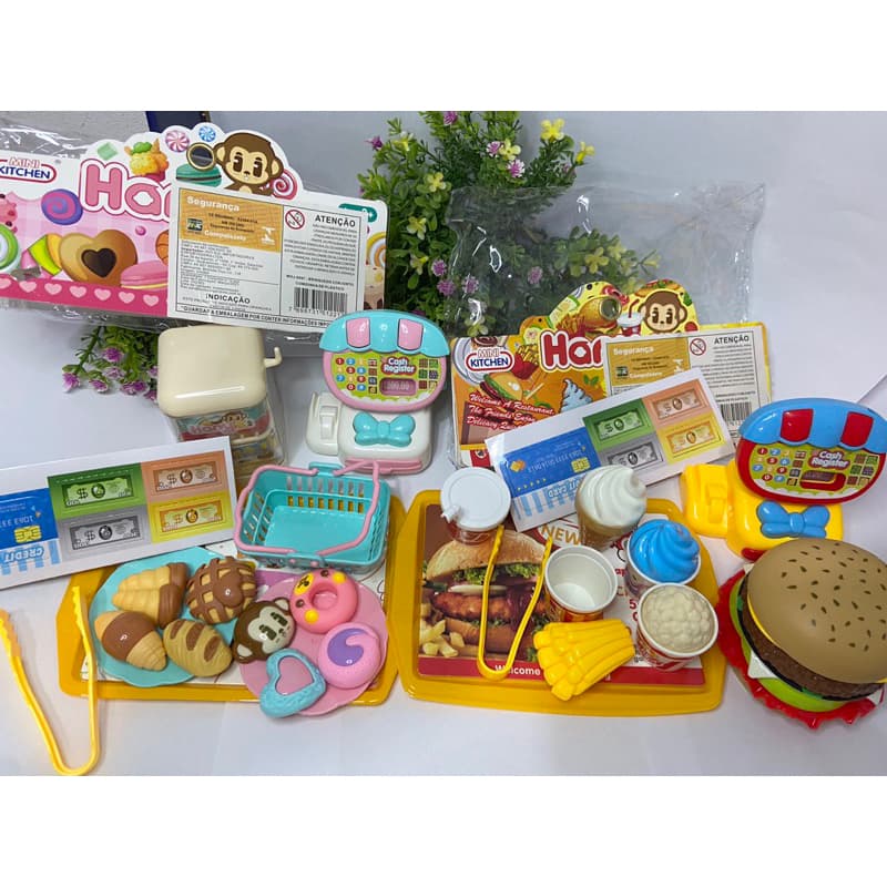 Brinquedo Mini Chef Kit Lanchonete Hamburgueria C/ Dinheiro Kits de brinquedo comidinha infantil  pões e doces, verduras