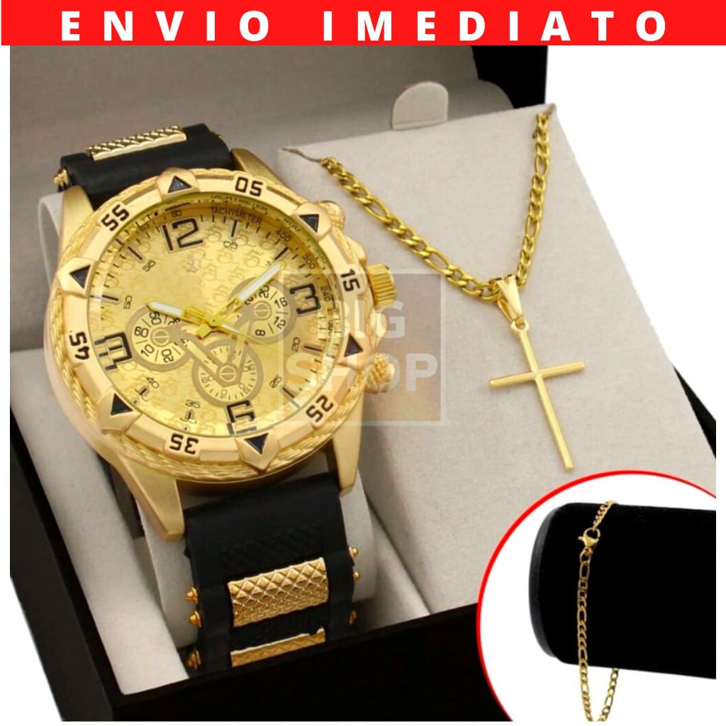 Kit Relógio Masculino + Pulseira Ouro Prata + Colar Cruz Estilo e Elegância