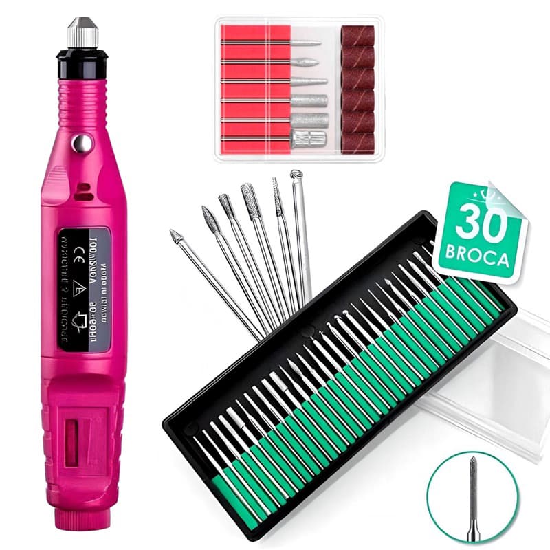 Kit Lixadeira Caneta Elétrica + 30 Brocas Diamantadas Para Unhas Manicure