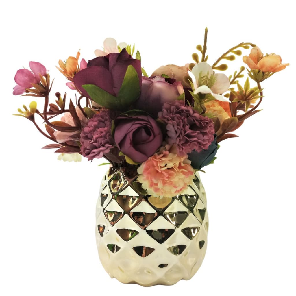 Enfeite Decoração Vasinho com Flor Artificial de Porcelana Dourado