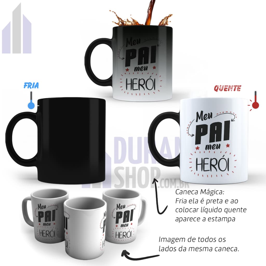 Caneca Mágica Presente Dia dos Pais Meu Pai Meu Herói Cerâmica 325ml