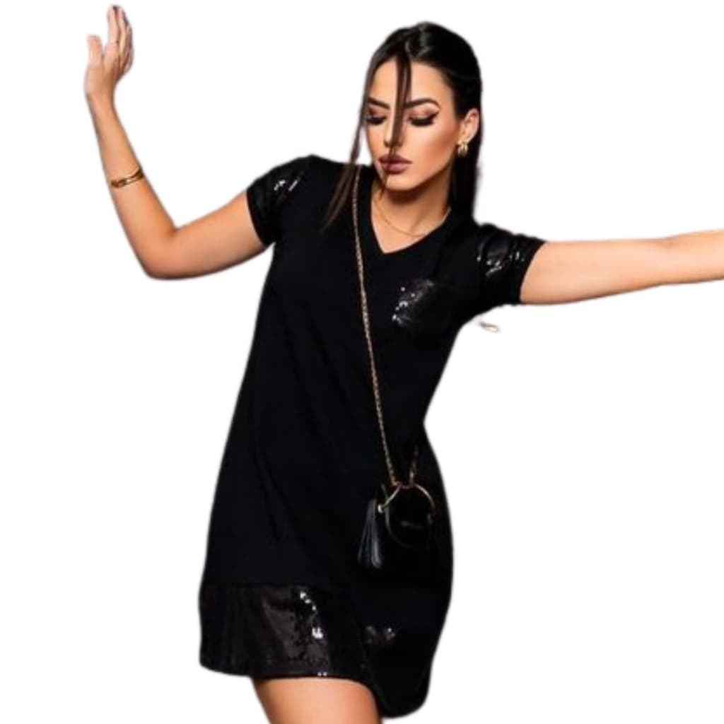Vestido De Festa Preto Em Paetê Luxo Brilhante Casamento