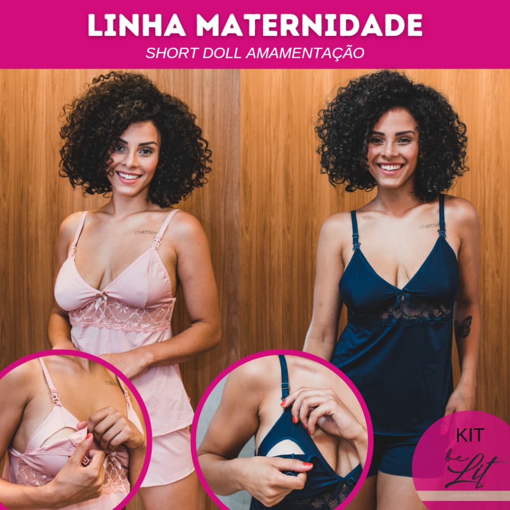 Kit 2 Short Doll Amamentação Saída Maternidade Grávida Gestante Lactante Pijama Confortável  BeLIT Linha Noite