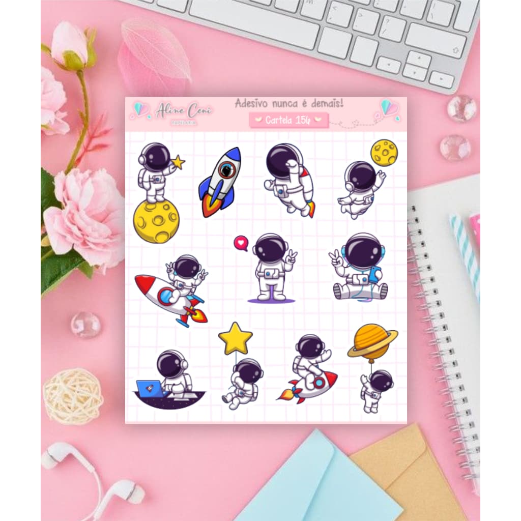 Cartela de adesivo n 156 - adesivos personalizados para planner, bujo, agenda, adesivos decorativos de astronauta