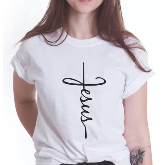 Camiseta Feminina Cristã Estampa Frase Jesus Camisa 100% Poliéster Anti-Pilling