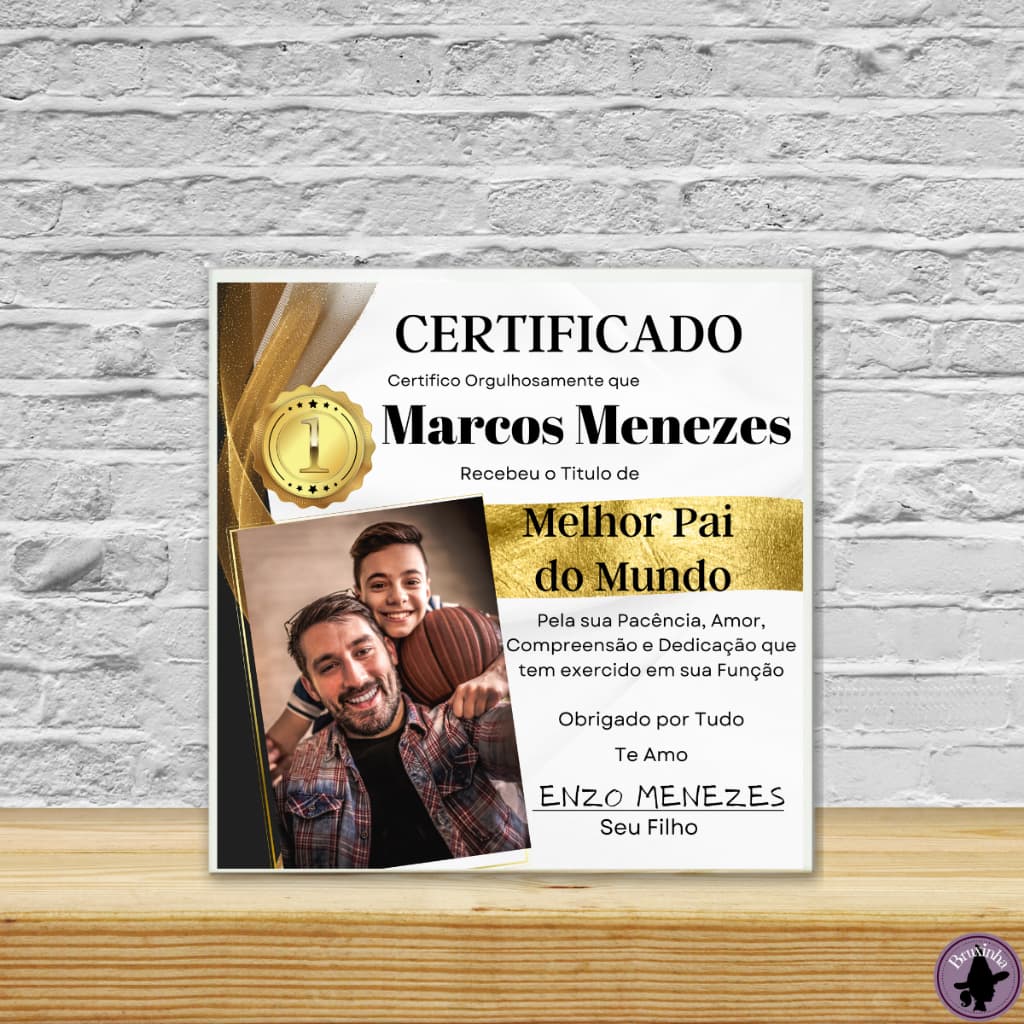 Porta Retrato Personalizado Foto Dia dos Pais - Quadro Azulejo Certificado Melhor Pai do Mundo
