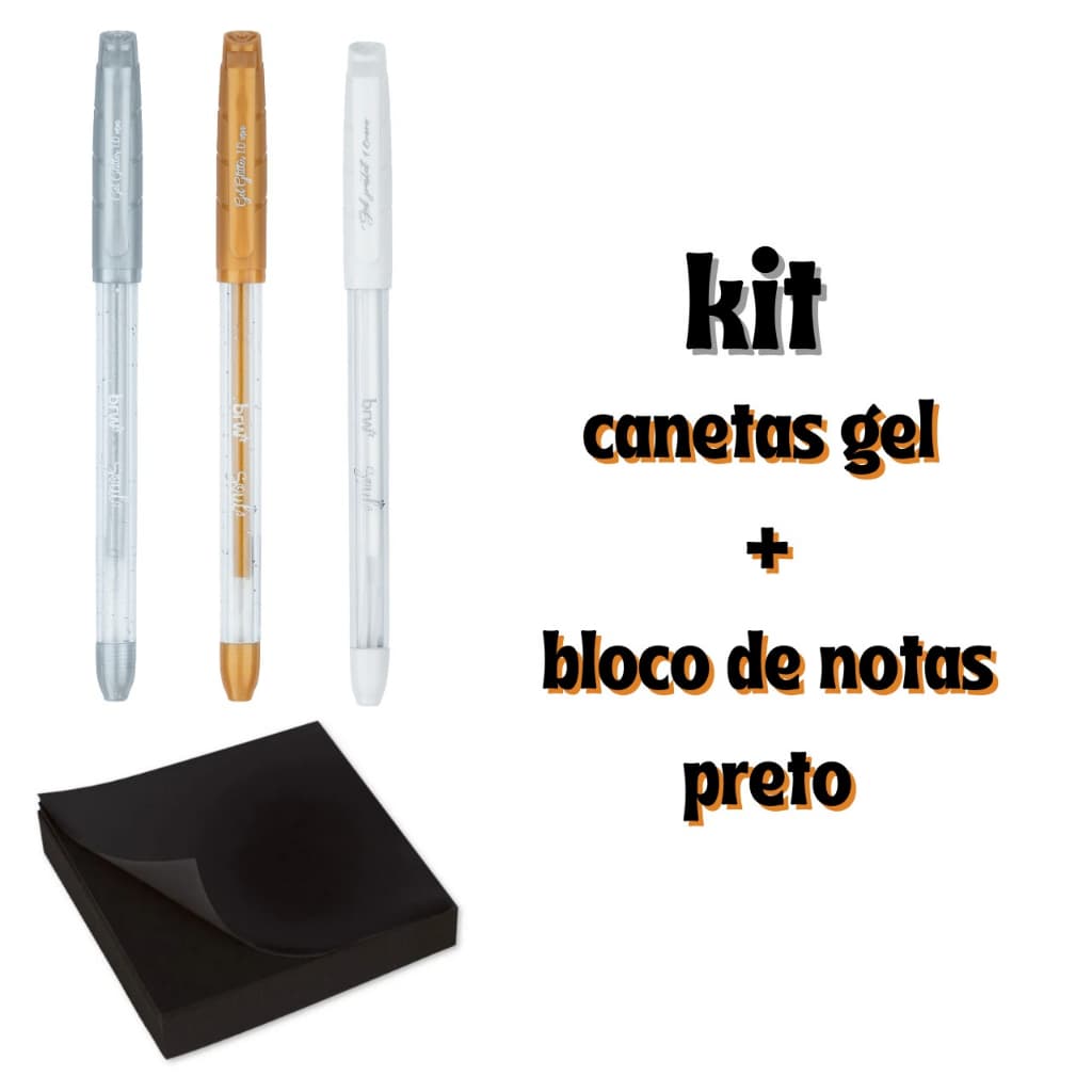 Kit Bloco De Anotações Adesivo Preto +  Canetas Gel Branca Prata Dourada