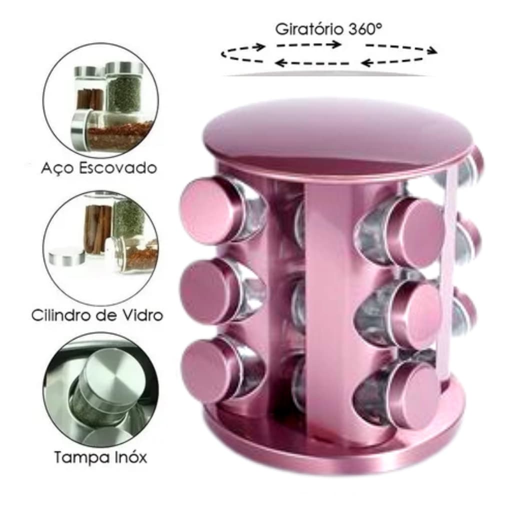 Porta Temperos Rosa Carrossel 9 ou 12 até 16 Potes Aço Inox e Vidro Porta Condimentos Giratório