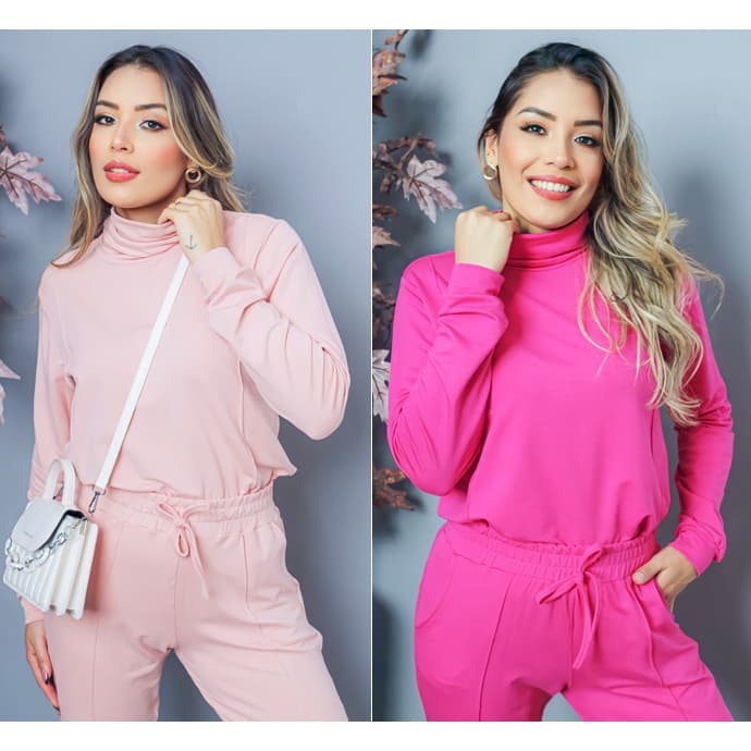 Conjunto Feminino Comfy, blusa gola alta e calça jogger com bolsos cores Barbie em Moletinho