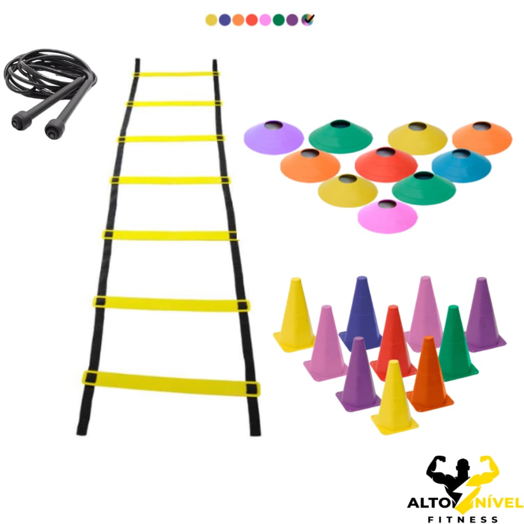 Kit Agilidade 10 Cones 10 Chapéus Chines + Escada 7 Degraus + 01 Corda Pular