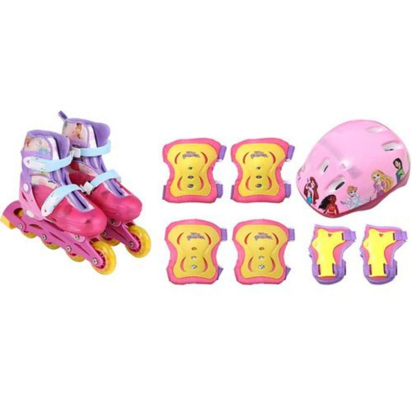 Patins Infantil 4 rodas In Line Ajustável Com Kit Proteção tamanho 28-31  Disney Princesas - brink+