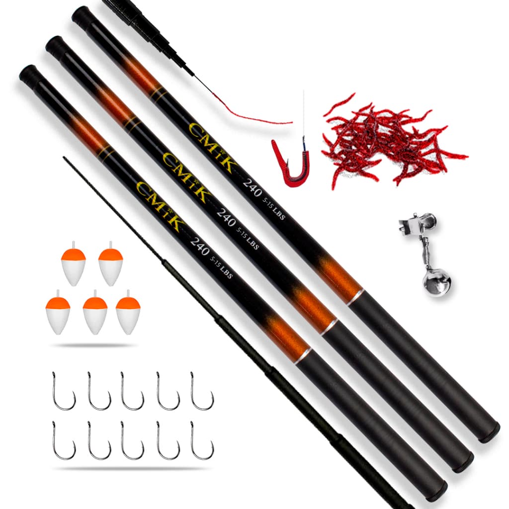 Kit 3 Varas Telescópicas 2,40M Mais 10 anzois 5 Boias 5 Iscas artificiais de minhoca 1 Sininho Kit Pescaria Tilápia Lambari Piau entre outros Pesca