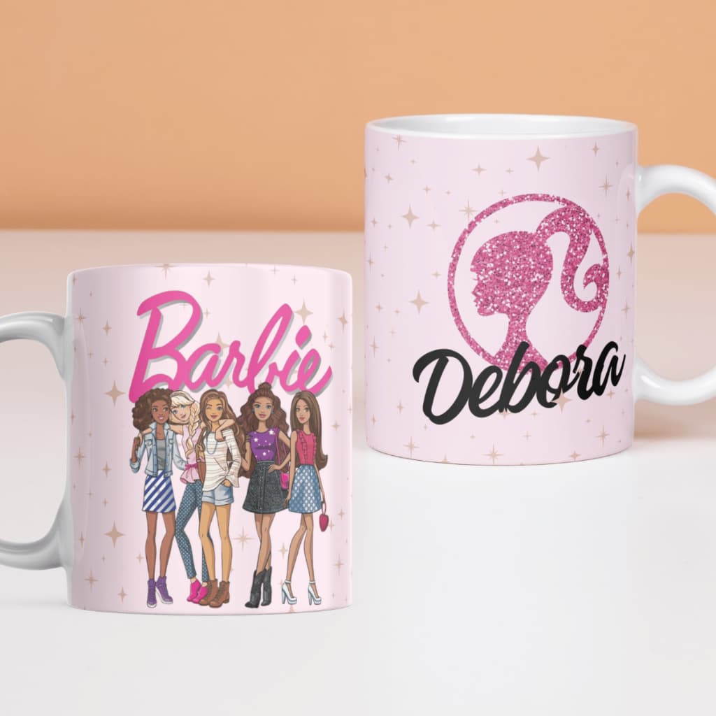 Caneca Escolar Infantil Personalizada Menina Escola Lancheira Rosa Nome e Suas Amigas Plástico Cerâmica
