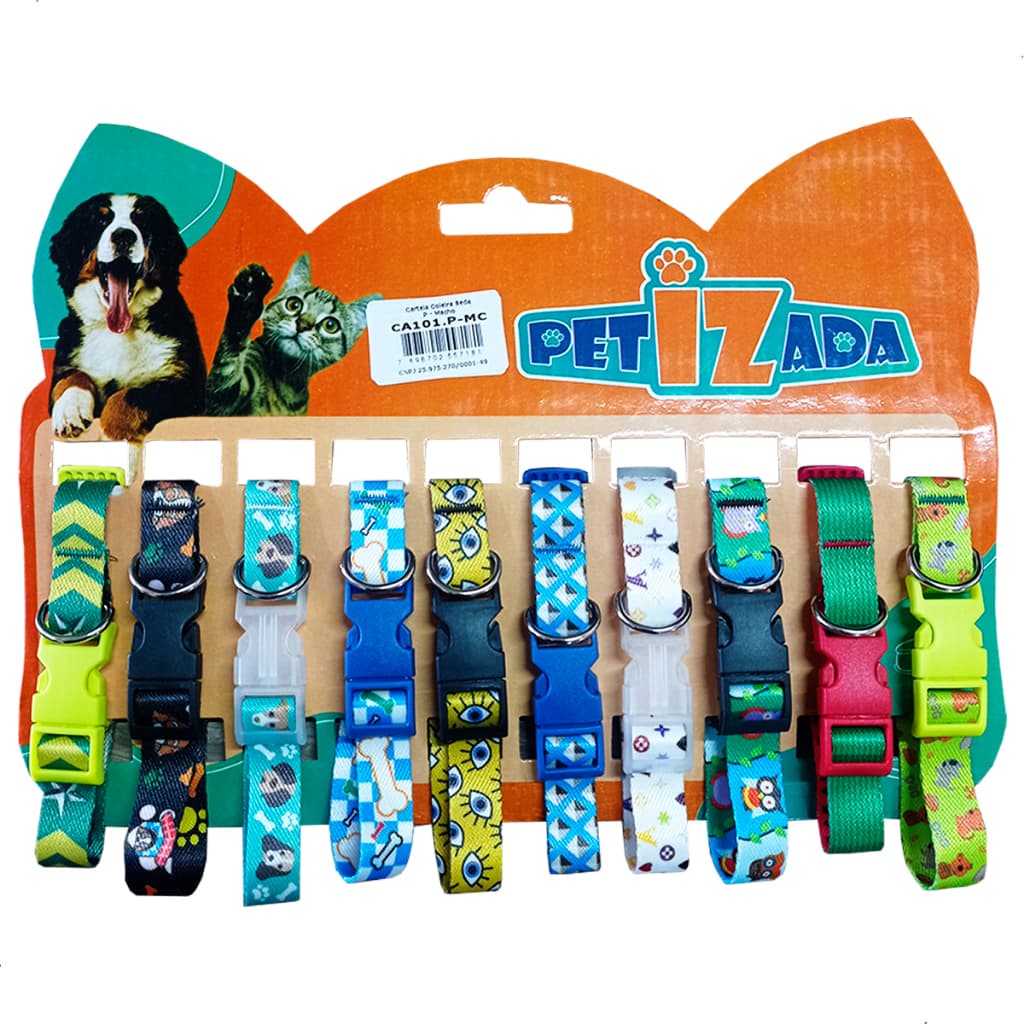 Kit Cartela 10pçs Coleiras Cachorro Tam P, M, G - Petshop Coleira Seda Pequeno, Médio Porte para Cachorros Gatos