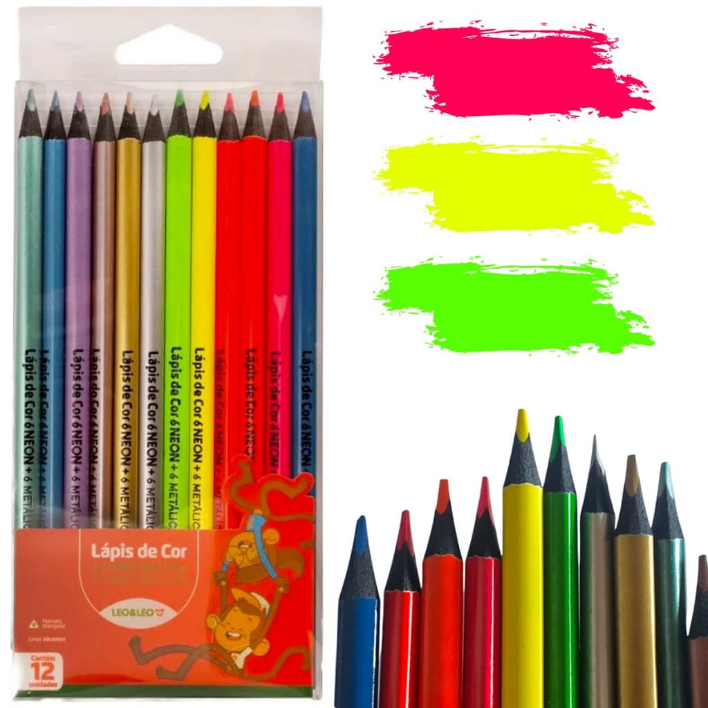 Lápis de Cor Neon 12 Cores LeoLeo Colorir Resistente Sextavado Escolar Papelaria Artesanato Especial