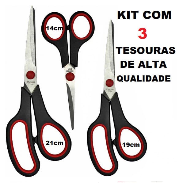 Tesouras Em Aço Inox Kit com 3 Diferentes Tamanhos Multiuso Cozinha