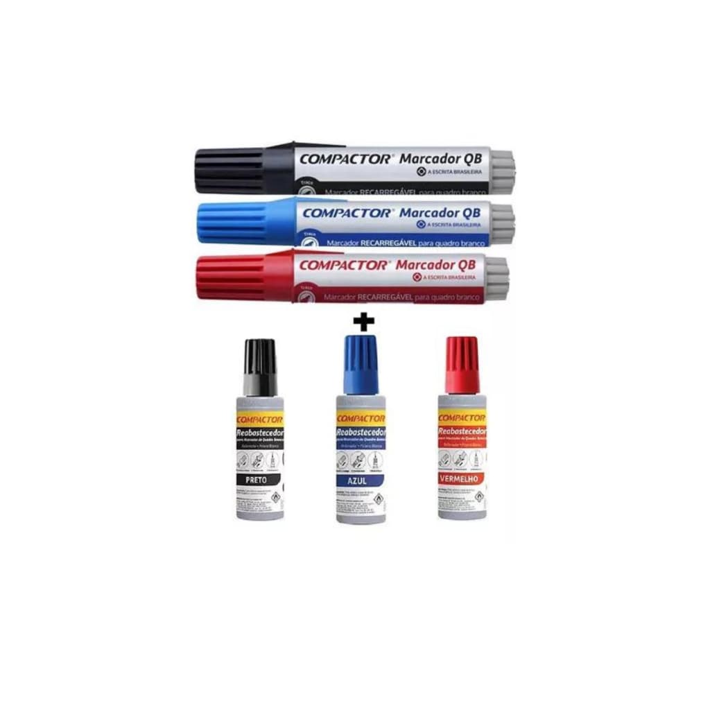 Kit 3 Canetas Quadro Branco Compactor + 3 Reabastecedor