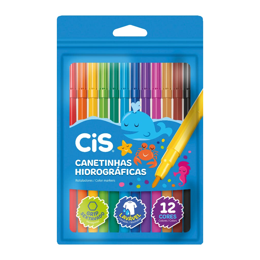 Kit 12 Caneta Canetinhas Hidrográfica Hidrocor Lavável Escolar 12 cores Cis