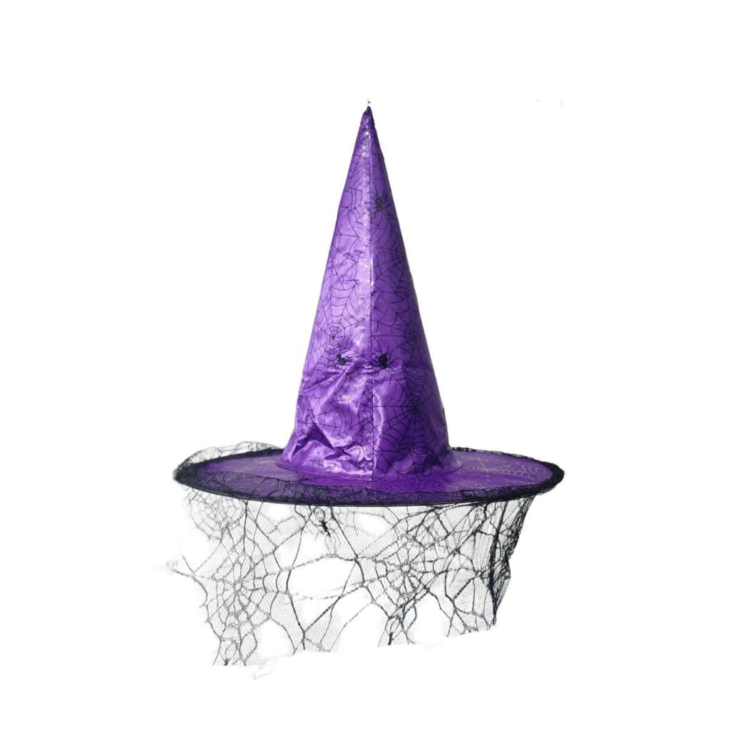 Chapéu De Bruxa Para Festa Fantasia Halloween Com Veu Teia Roxo