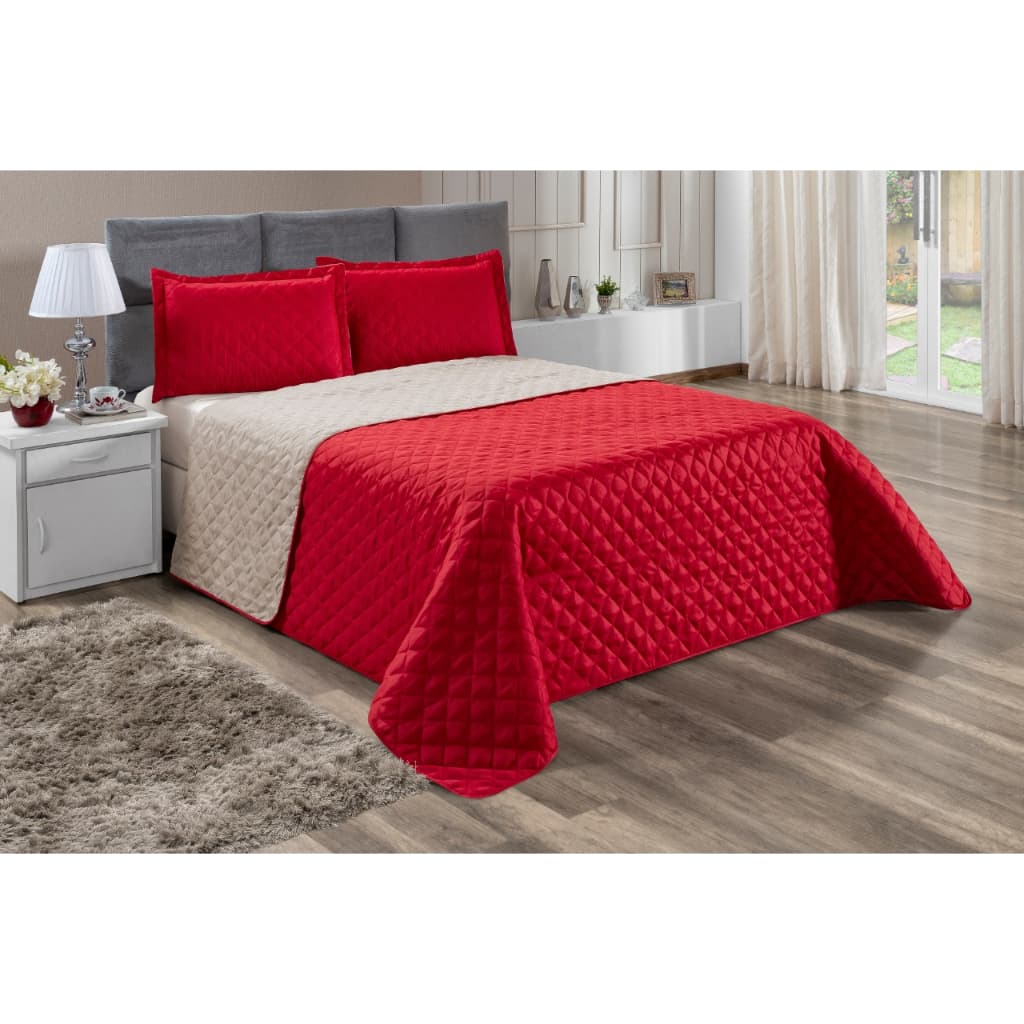 Kit Cobre Leito Cama Casal Queen 03 Peças Microfibra Dupla Face / Colcha Duas Cores Realeza Vermelho e Bege