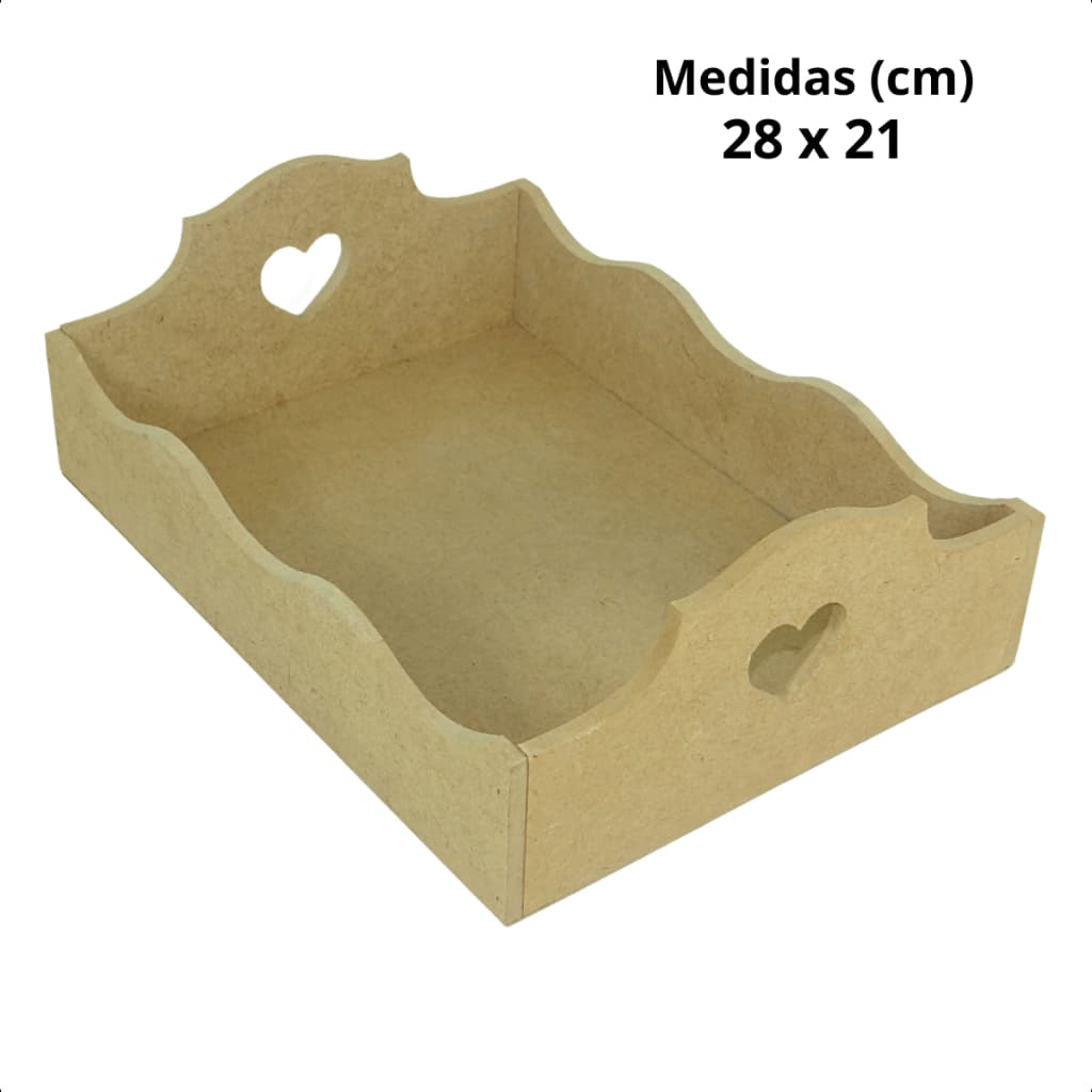 BANDEJA CAFÉ DA MANHÃ COM ALÇA DE CORAÇÃO 28x21x10 RETANGULAR LISA MDF CRU