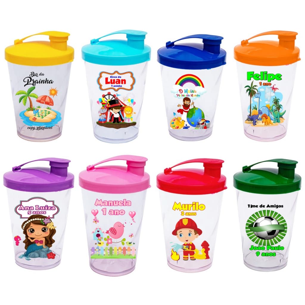 10 Copos Baby Shake 220ml C/ Tampa Personalizado Fazemos Qualquer Tema