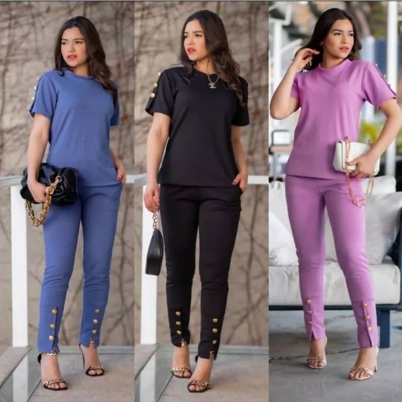 Conjunto Feminino 2 Peças Calça e Blusa Com Botões Malha Crepe Moda Blogueira Verão