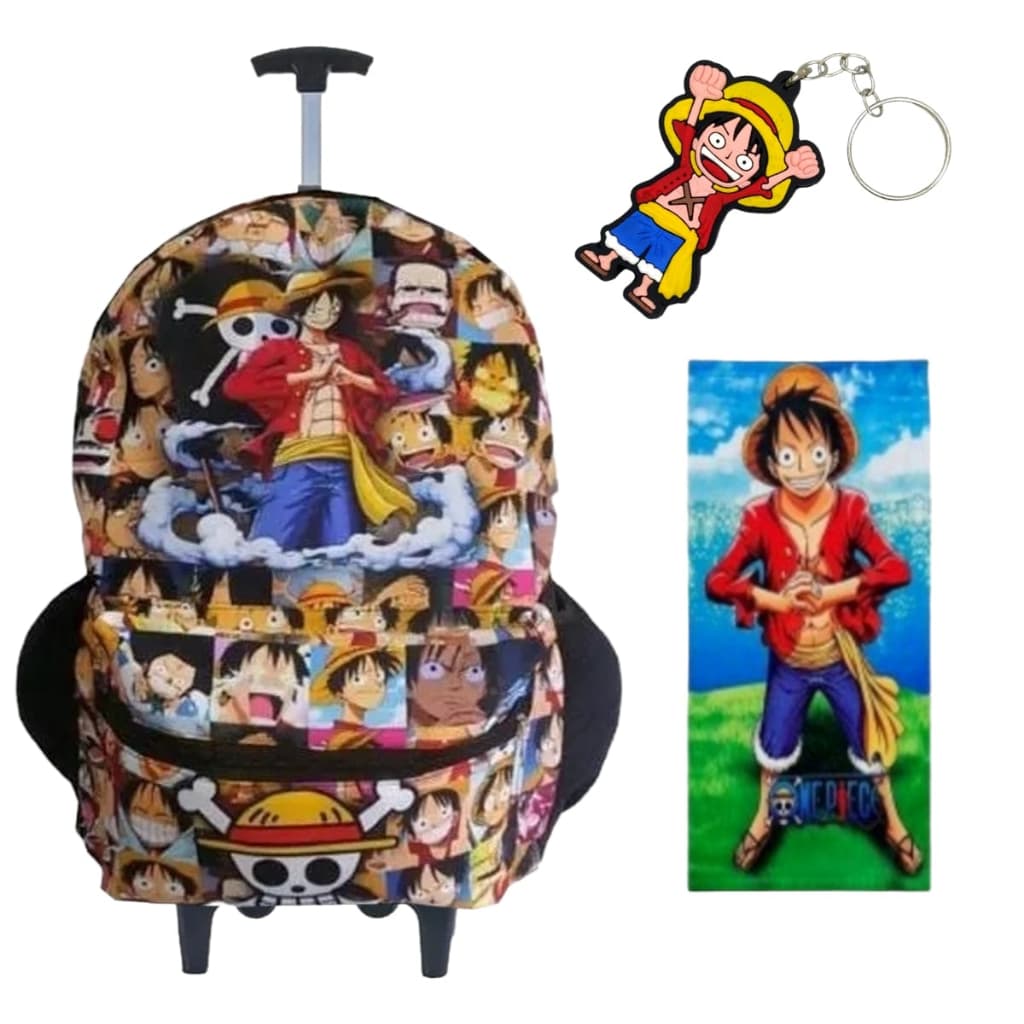 Mochila Rodinha Escolar Infantil Juvenil One Piece - Chaveiro e Toalha