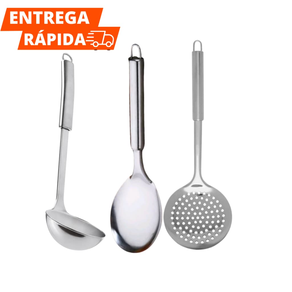 Kit Utensílios De Cozinha com 3 Peças Colher de Arroz, Concha de Feijão e Escumadeira de Frituras