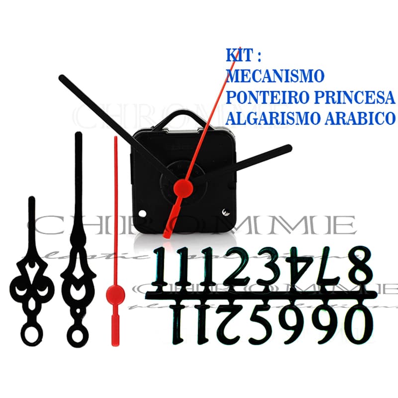 05 Maquinas De Relógio + 05 Ponteiros Princesa Grande + 05 Números Arábicos