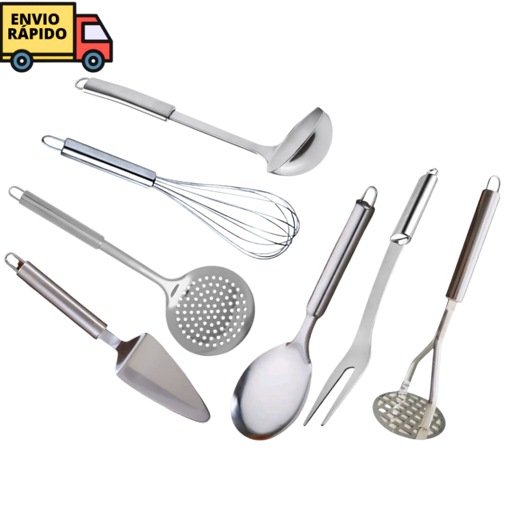 Jogo De Utensílios De Cozinha Completo De Inox 7 Peças Com Concha De Feijão Escumadeira Garfo Trinchante Colher de Arroz  Amassador Batata Batedor Ovos E Espátula Torta Bolo Para Cozinha Conjunto 7 peças