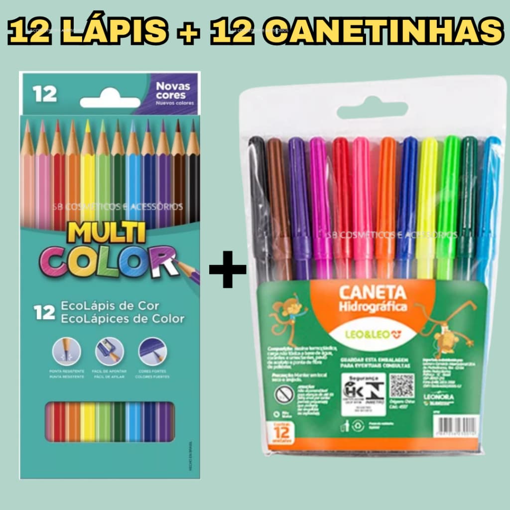 LÁPIS 12 CORES MULTICOLOR + 12 CANETINHA LEO E LEO