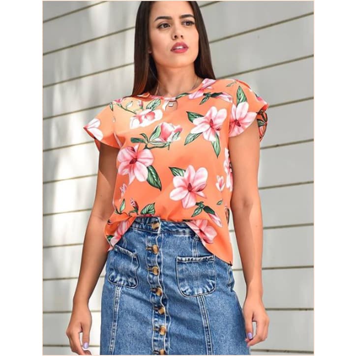 blusa social evangélica floral fundo salmao