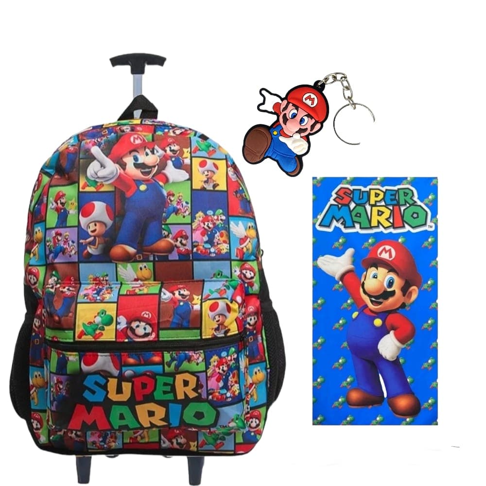 Mochila Rodinha Infantil Juvenil Mario -Toalha e Chaveiro