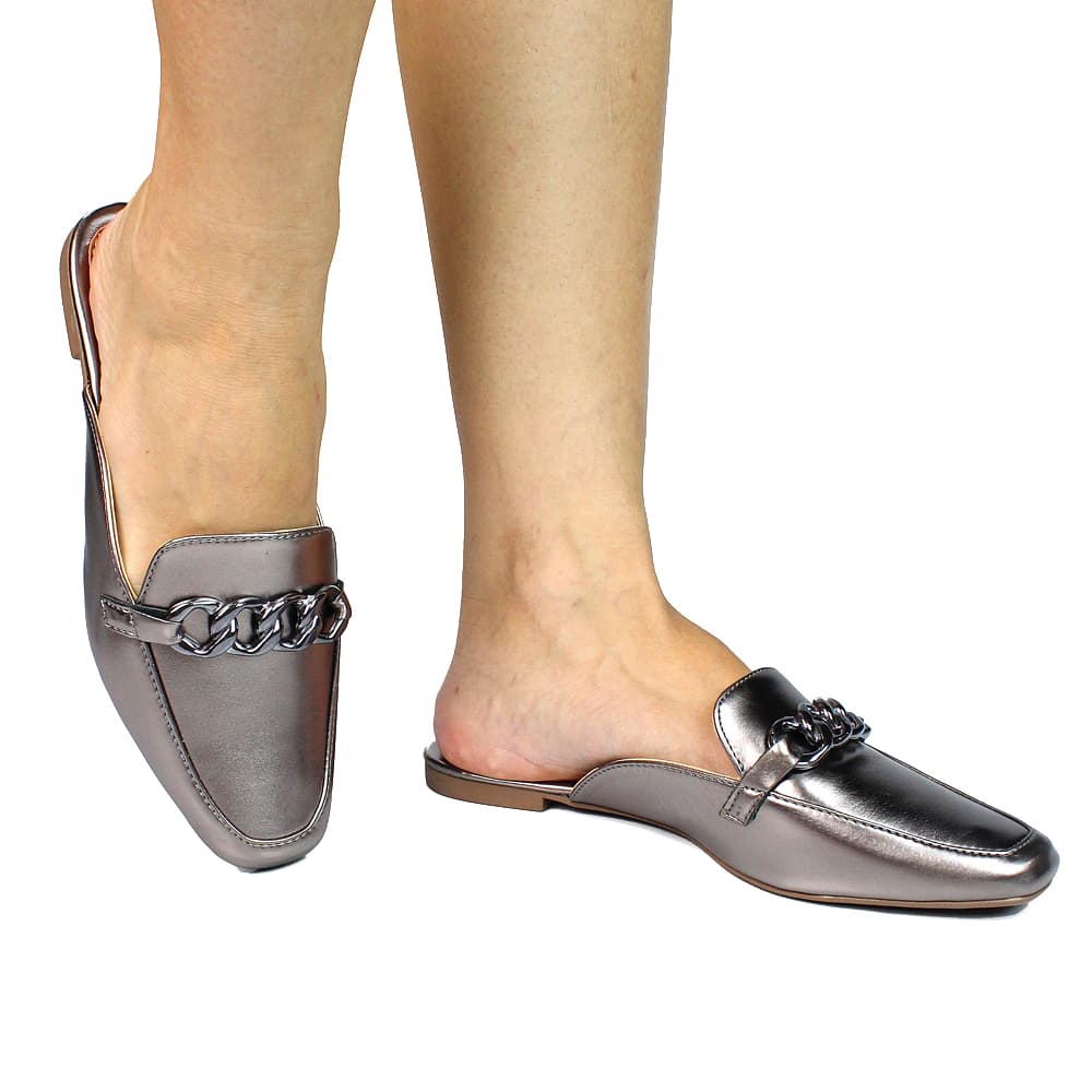 Mule Sapatilha Feminina Bico Quadrado Corrente Metalizado Social Chinelo Promoção Rasteira
