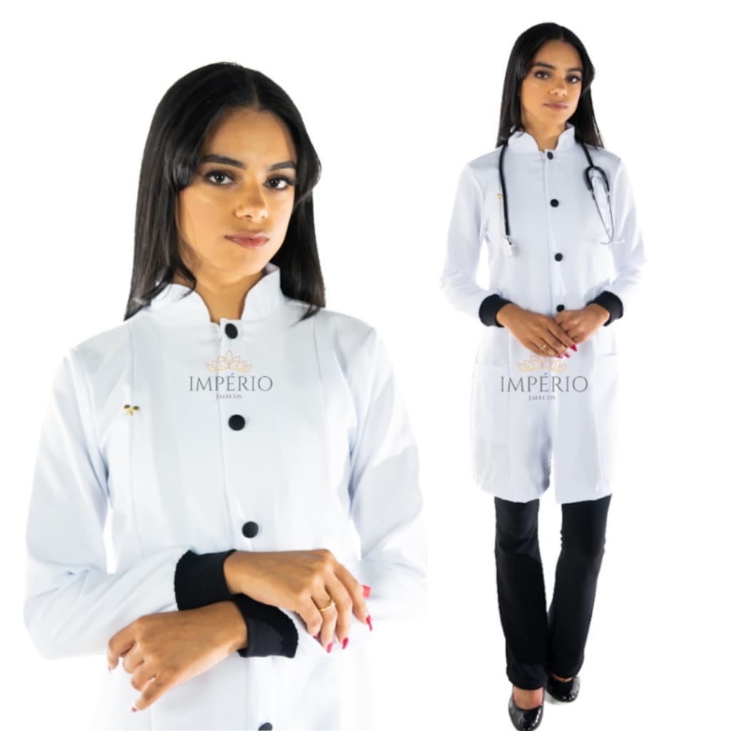 Jaleco Feminino Acinturado Oxford Rubi Branco com Punho e botão Preto