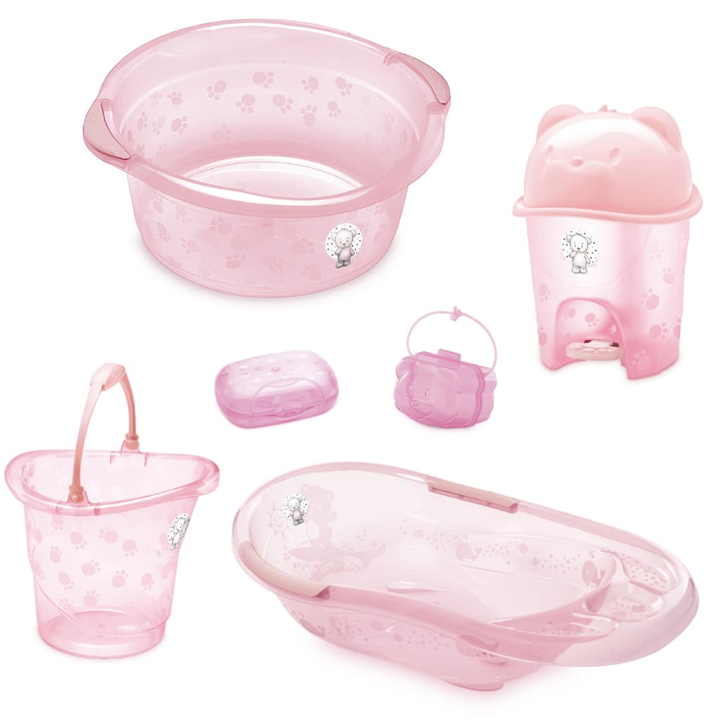 Kit Banheira Bebe Infantil Adoleta + Bacia + Balde + Lixeira + Saboneteira  - Rosa/Azul/Neutro