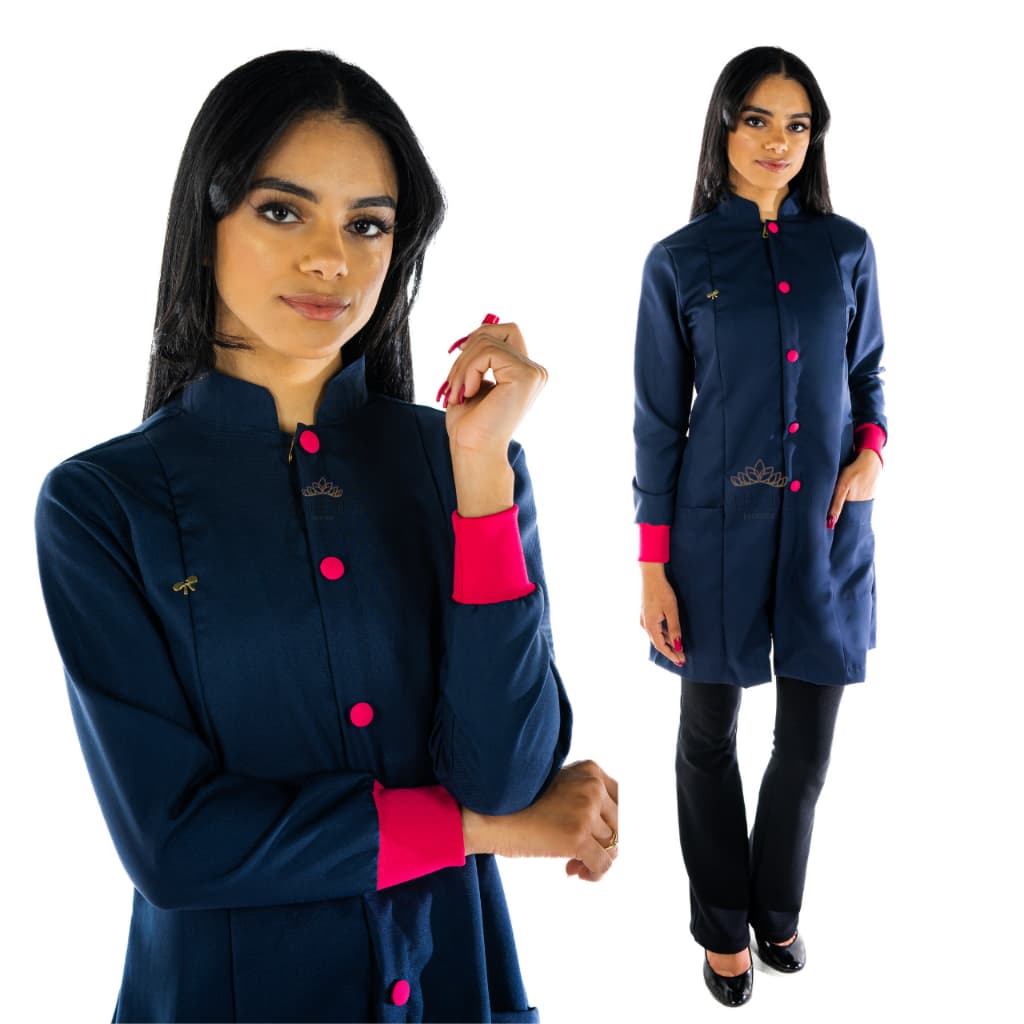 Jaleco Feminino Acinturado Azul marinho com Punho e botão Rosa Pink