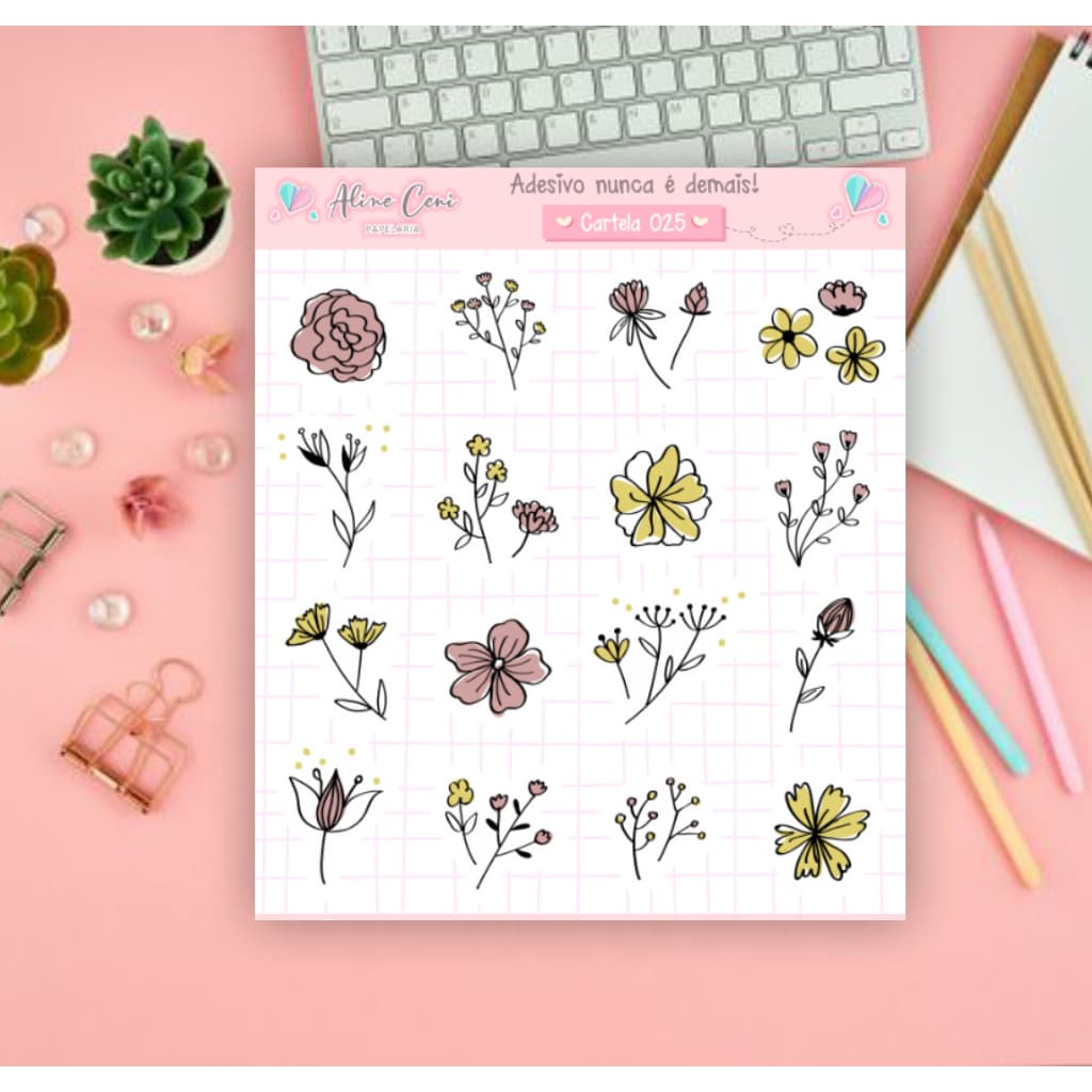 Cartela de Adesivo n 025 - Adesivo floral, galhos e flores para decorar planner, bujo, decoração de bíblia e devocional