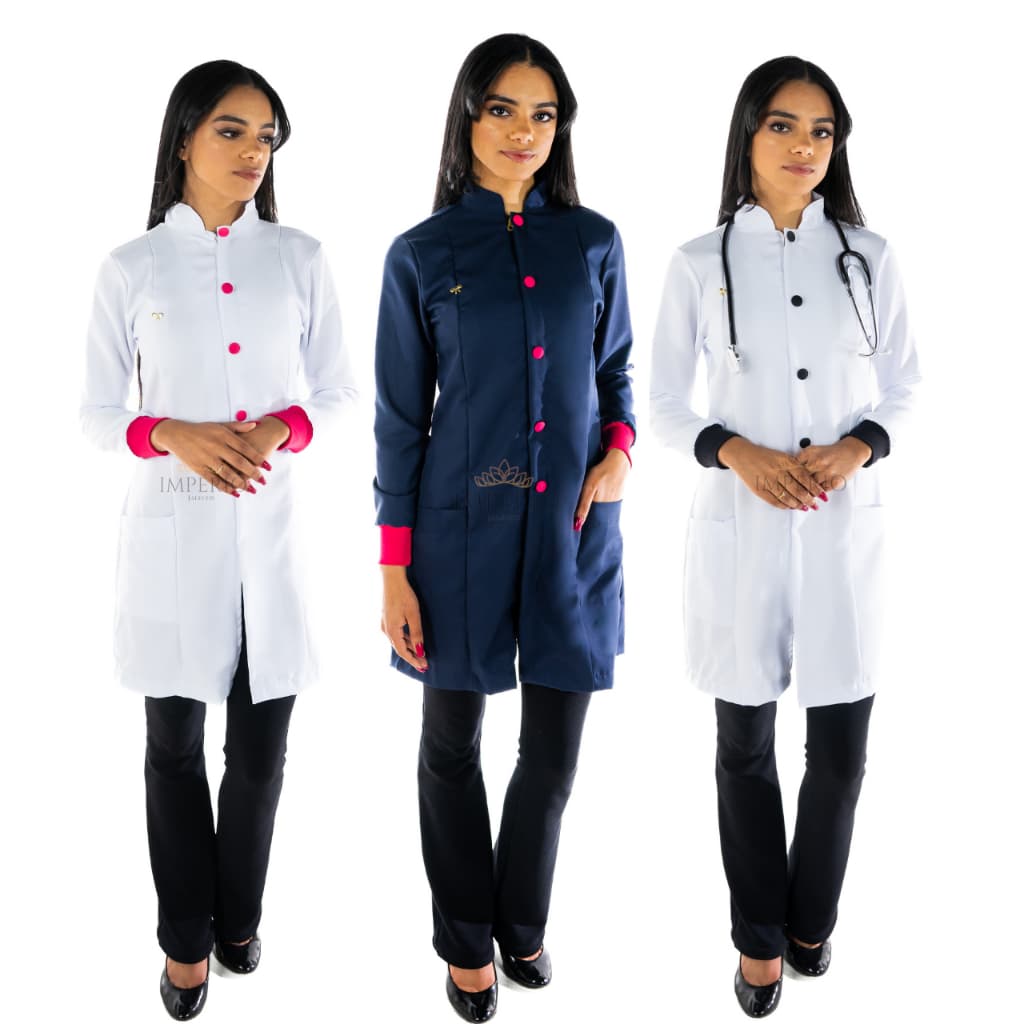 Jaleco Feminino Acinturado Oxford com Punho e botão Preto ou vermelho
