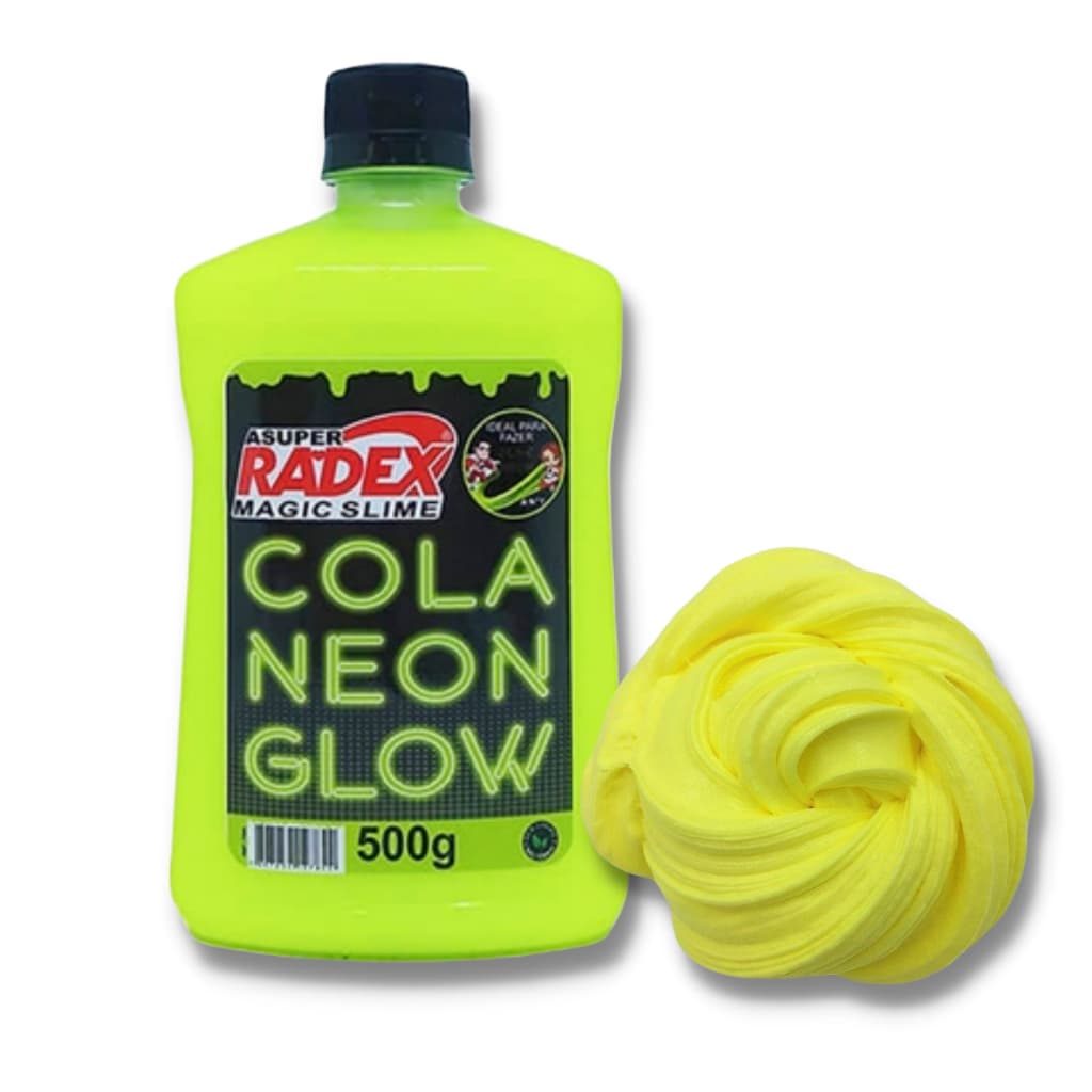 Cola Neon Glow amarelo Radex Magic com 500g, ideal para Slime e artesanato