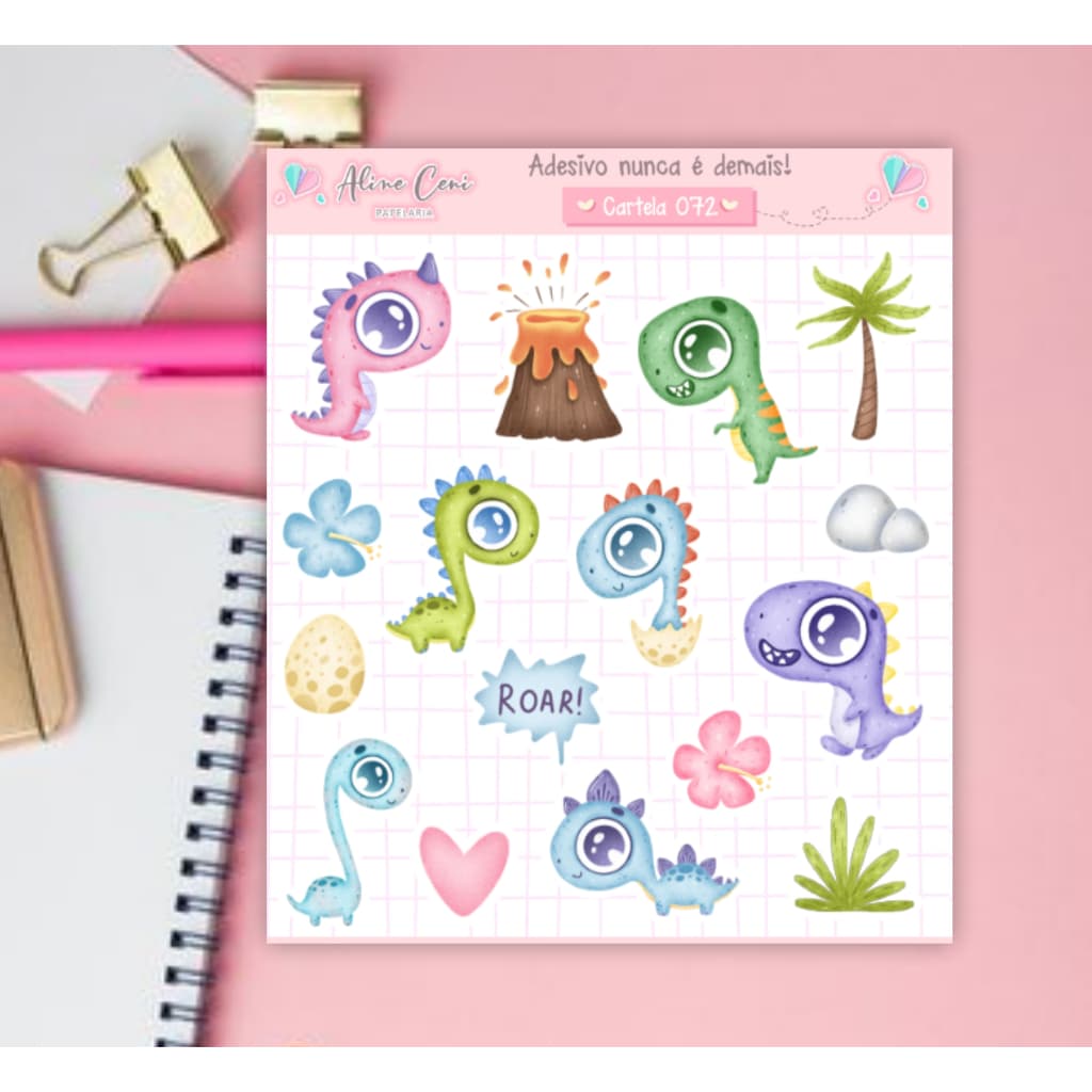 Cartela de Adesivos n 072 - Adesivos de dinossauro para decorar planner, bujo, diário, scrapboo, papelaria personalizada
