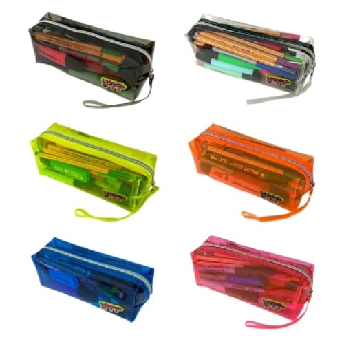 Estojo bolsinha de lapis canetas escolar Transparente neon necessaire unissex