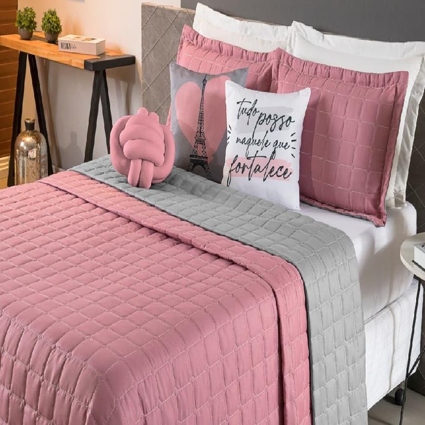 Kit Cobre Leito Paris Colcha Dupla Face 08 Peças Cama King Cinza com Rose