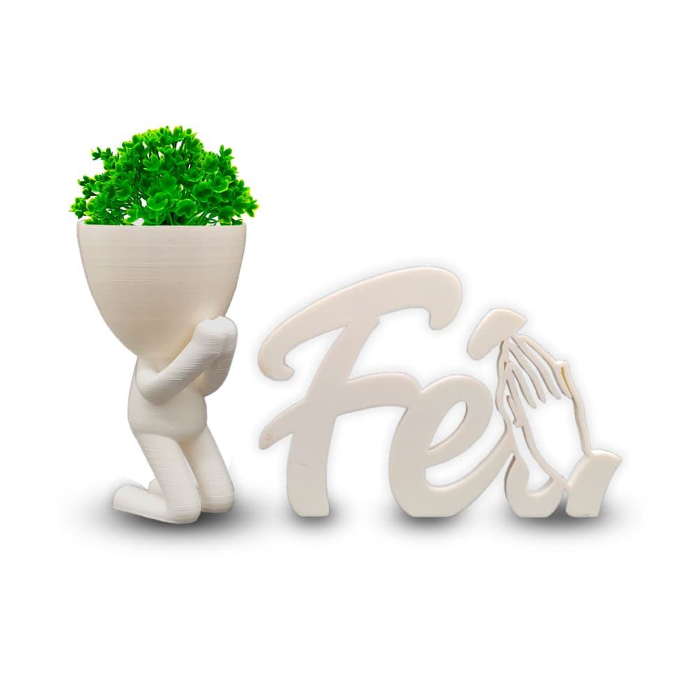 Letreiro Fé + Vaso Orando + Planta Artificial - Decoração