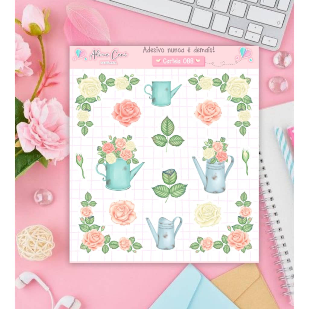 Cartela de Adesivos n 088 - Adesivos de flores, rosas, florais e galhos para decorar planner