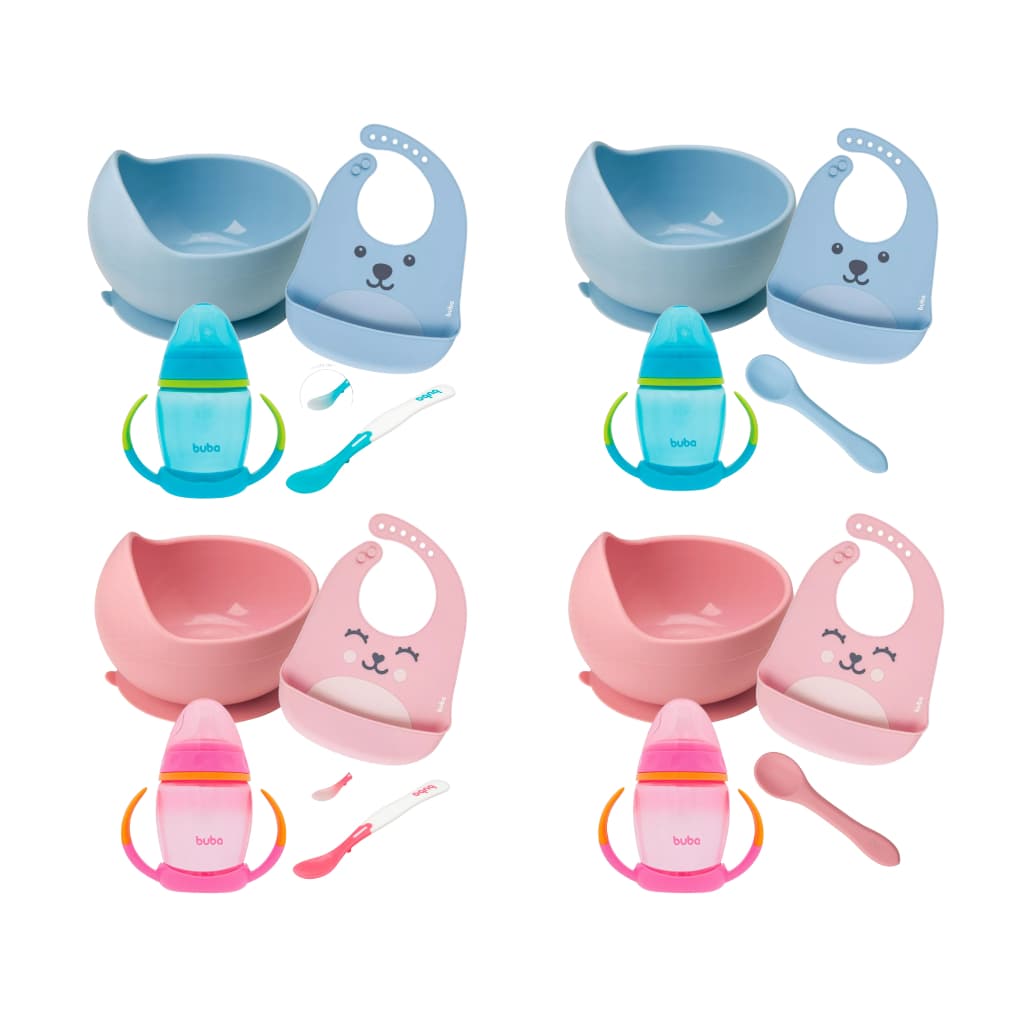 Kit Introdução Alimentar Buba Prato Bowl em Silicone com Ventosa Babador em Silicone Copo com Alça e Bico em Silicone Colheres Termossensíveis Colher em Silicone